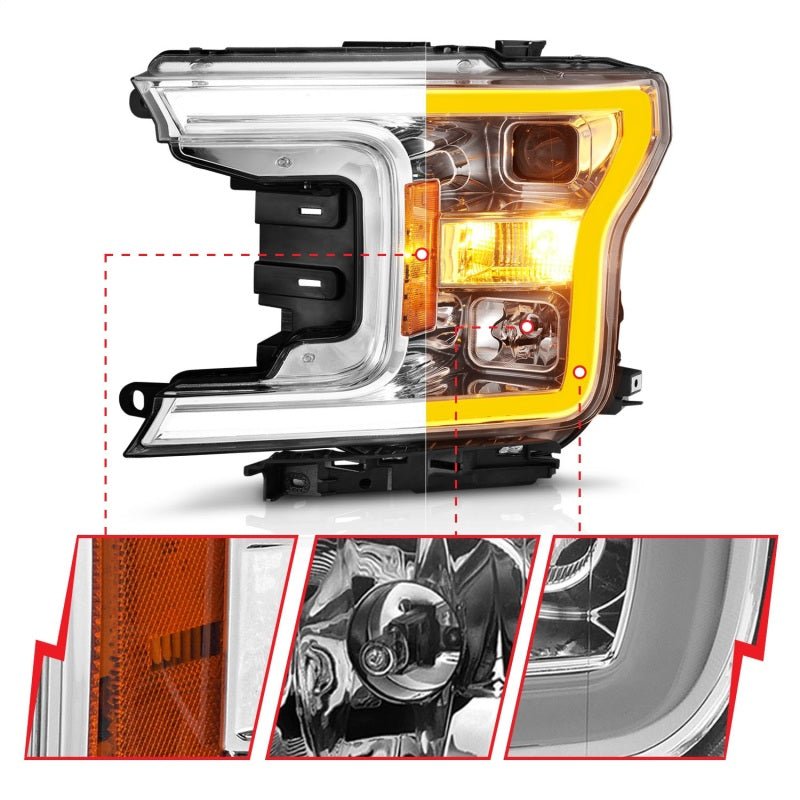 ANZO 2018-2020 Ford F-150 Projector Headlight w/Plank Style Switchback Chrome Housing - Crew Original