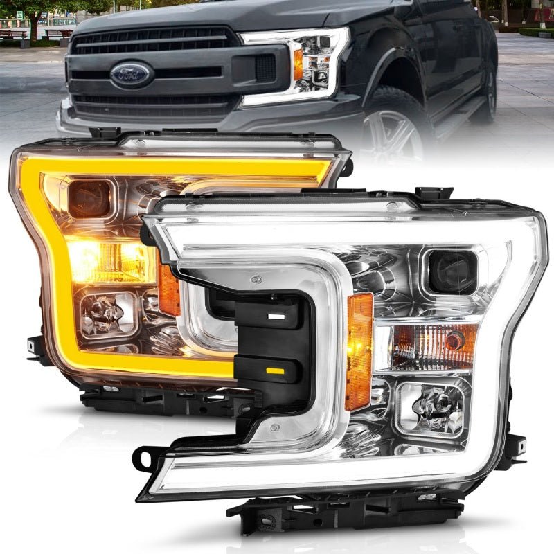 ANZO 2018-2020 Ford F-150 Projector Headlight w/Plank Style Switchback Chrome Housing - Crew Original