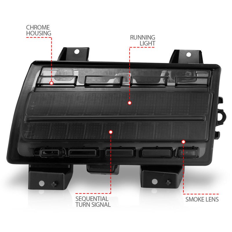 ANZO 2018-2021 Jeep Wrangler LED Side Markers Chrome Housing Smoke Lens w/ Seq. Signal Low Config - Crew Original