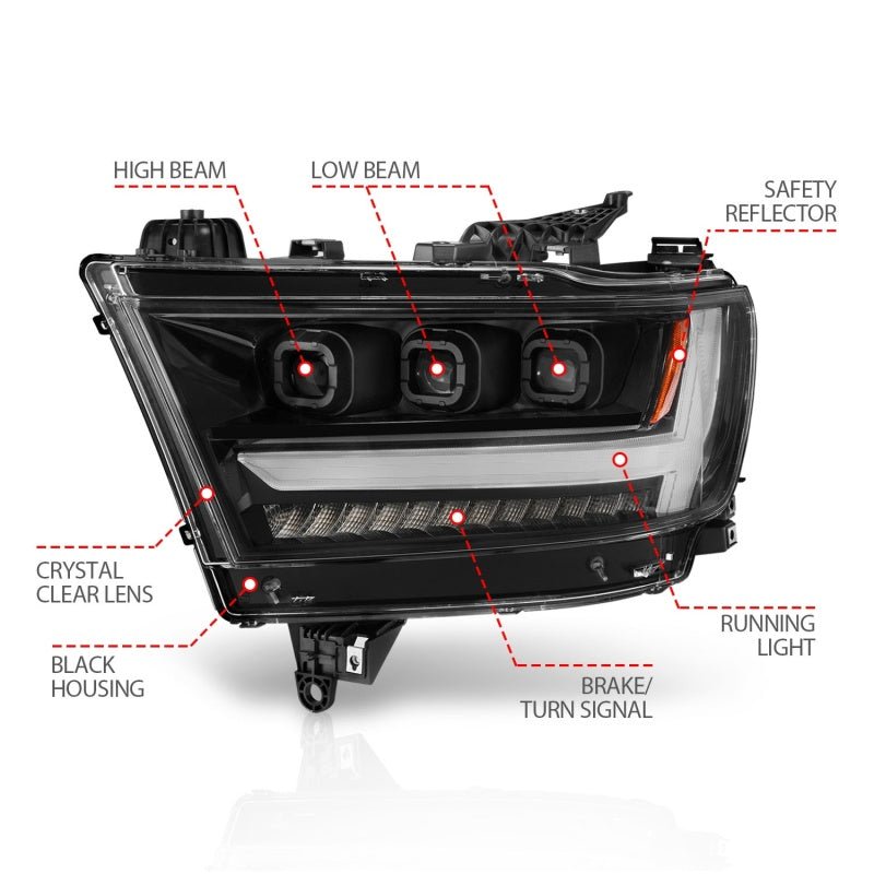 ANZO 2019-2020 Dodge Ram 1500 LED Projector Headlights Plank Style w/ Sequential Black (Driver) - Crew Original