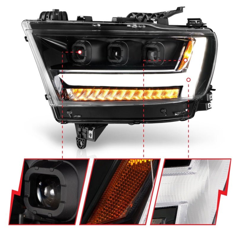 ANZO 2019-2020 Dodge Ram 1500 LED Projector Headlights Plank Style w/ Sequential Black (Driver) - Crew Original