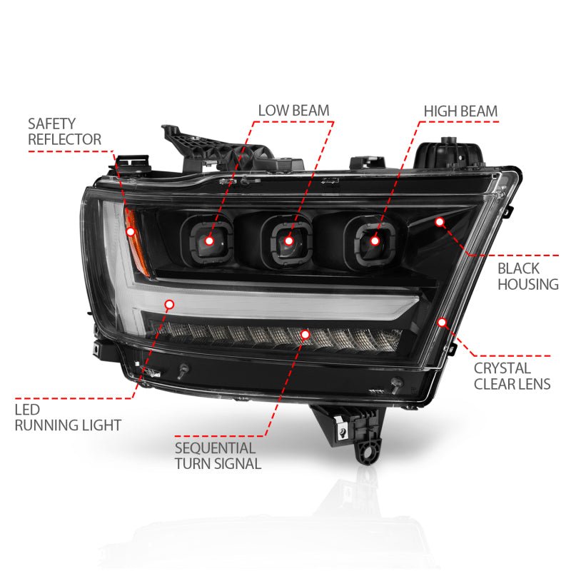 ANZO 2019-2020 Dodge Ram 1500 LED Projector Headlights Plank Style w/ Sequential Black (Passenger) - Crew Original