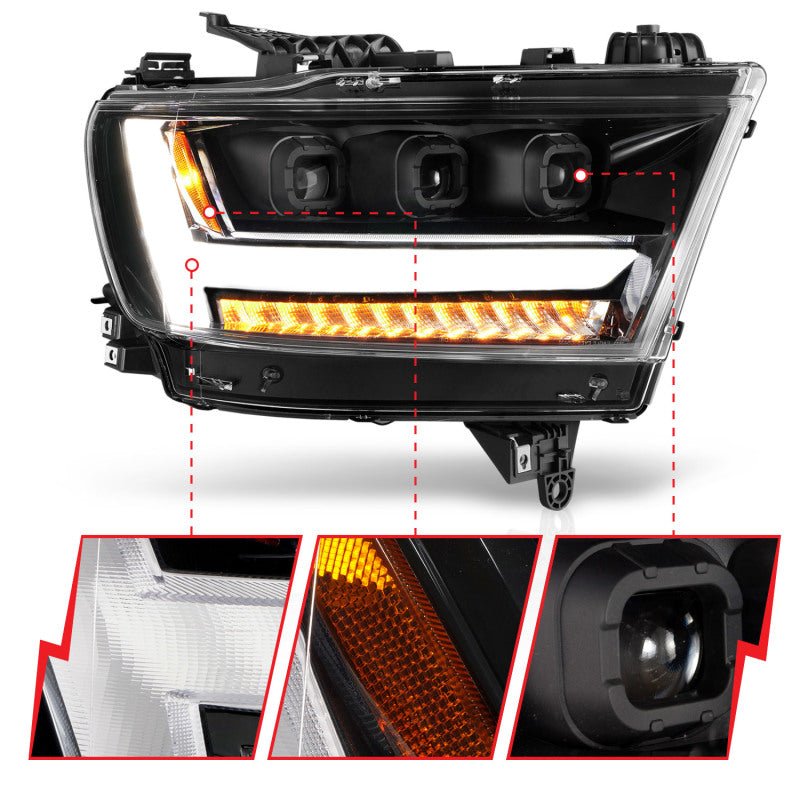 ANZO 2019-2020 Dodge Ram 1500 LED Projector Headlights Plank Style w/ Sequential Black (Passenger) - Crew Original