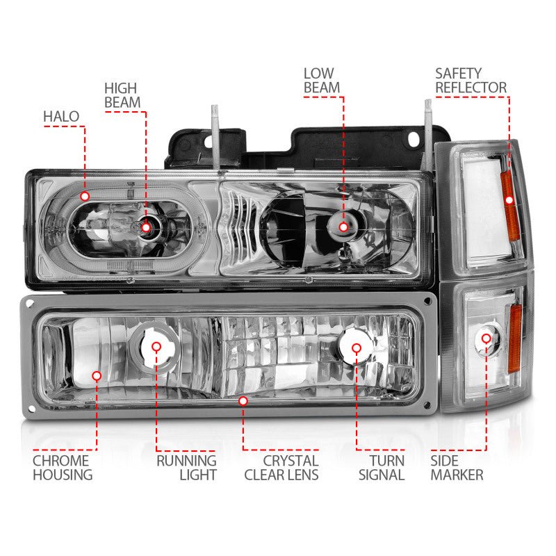 ANZO 88-98 Chevrolet C1500 Crystal Headlights Chrome Housing w/ Signal and Side Marker Lights - Crew Original