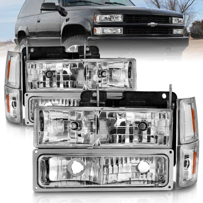 ANZO 88-98 Chevrolet C1500 Crystal Headlights Chrome w/ Signal and Side Marker Lights - Crew Original