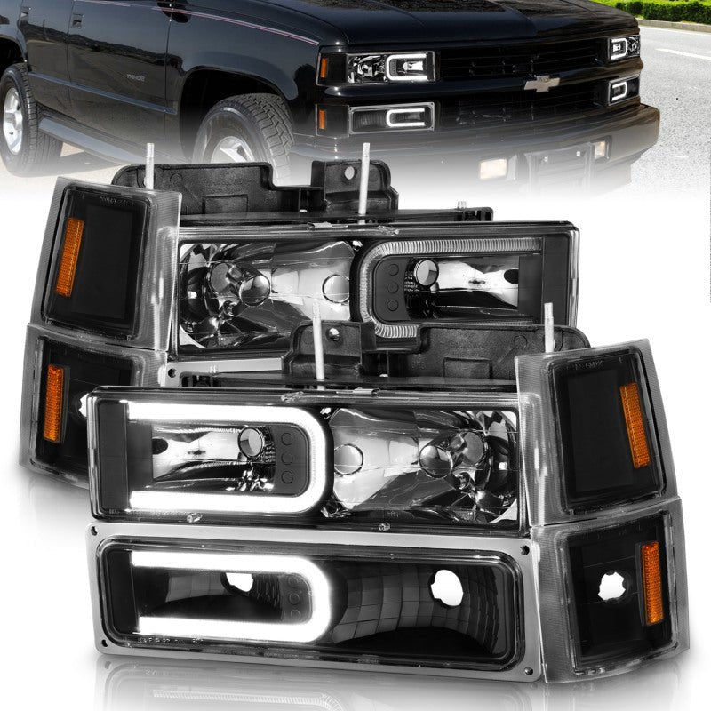 ANZO 88-98 Chevrolet C1500 Crystal Headlights w/ Light Bar Black Housing w/ Signal Side Markers 8Pcs - Crew Original