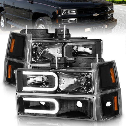 ANZO 88-98 Chevrolet C1500 Crystal Headlights w/ Light Bar Black Housing w/ Signal Side Markers 8Pcs - Crew Original