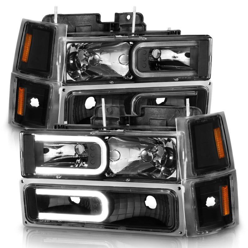 ANZO 88-98 Chevrolet C1500 Crystal Headlights w/ Light Bar Black Housing w/ Signal Side Markers 8Pcs - Crew Original