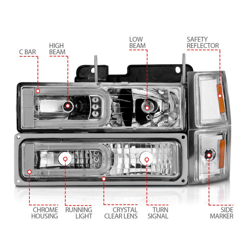 ANZO 88-98 Chevrolet C1500 Crystal Headlights w/Light Bar Chrome Housing w/ Signal Side Markers 8Pcs - Crew Original