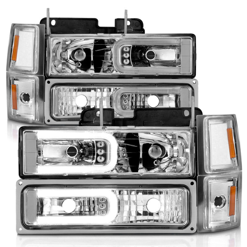 ANZO 88-98 Chevrolet C1500 Crystal Headlights w/Light Bar Chrome Housing w/ Signal Side Markers 8Pcs - Crew Original