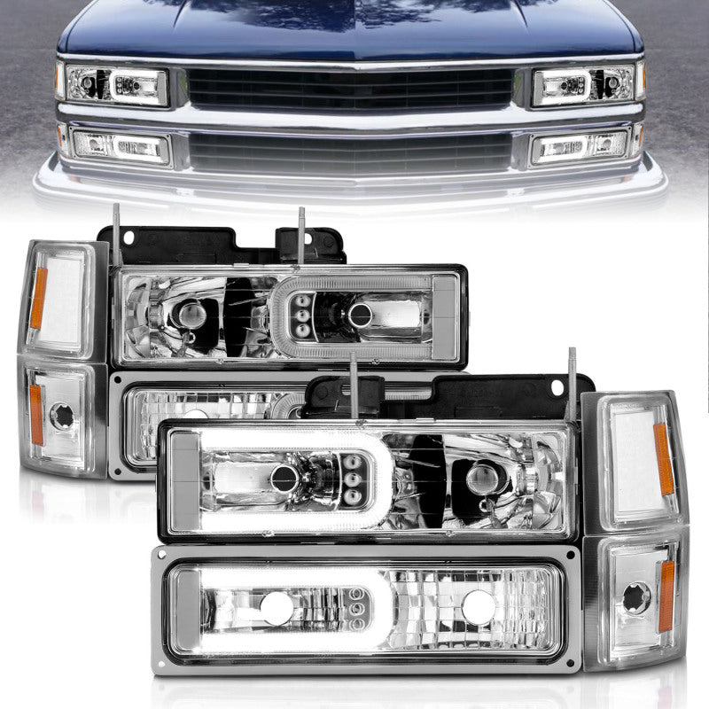 ANZO 88-98 Chevrolet C1500 Crystal Headlights w/Light Bar Chrome Housing w/ Signal Side Markers 8Pcs - Crew Original