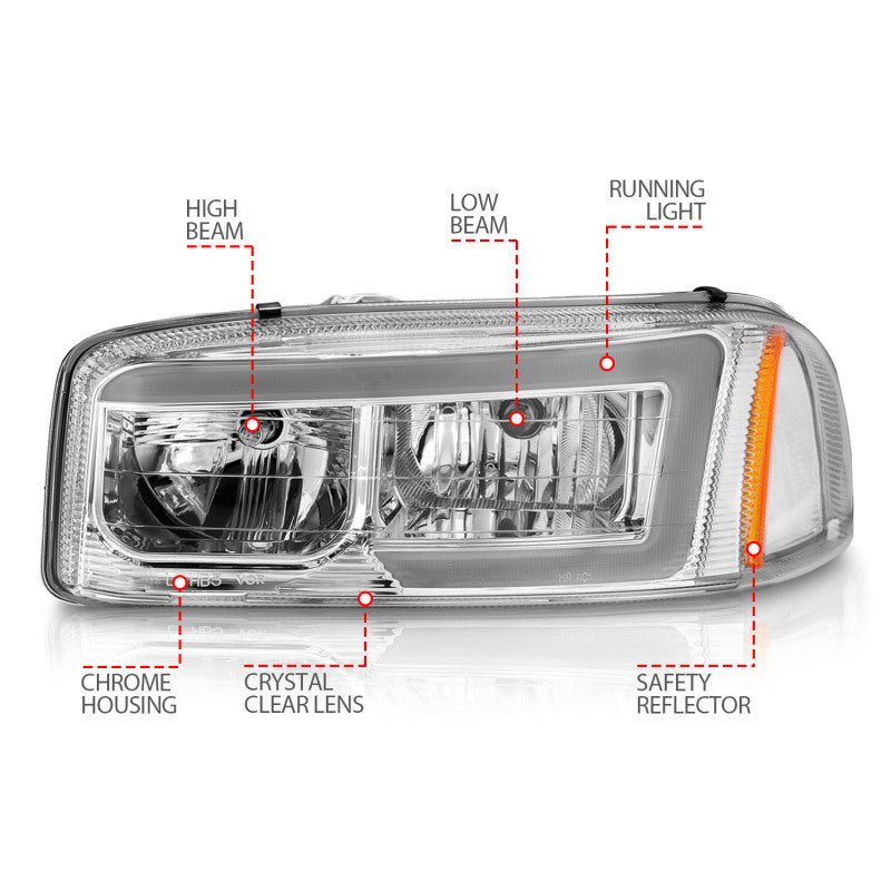 Anzo 99-17 GMC Sierra/Denali Headlights Chrome Amber (w/C Light Bars) - Crew Original