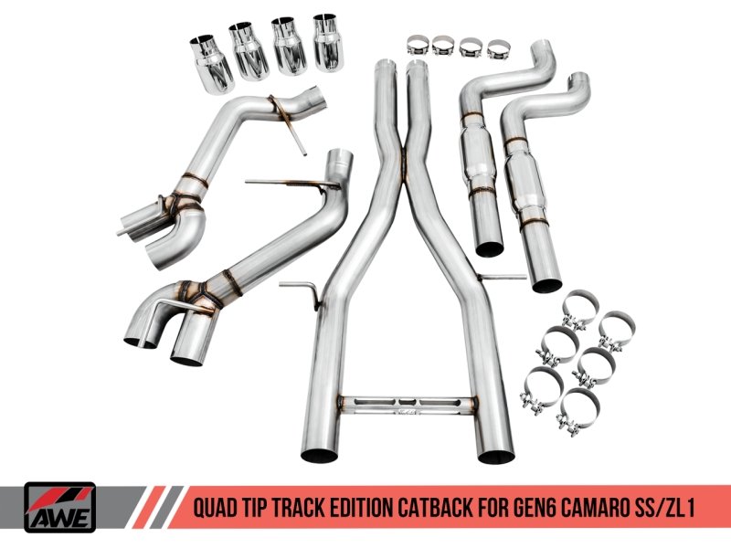 AWE Tuning 16-19 Chevy Camaro SS Non-Res Cat-Back Exhaust - Track Edition (Quad Chrome Silver Tips) - Crew Original