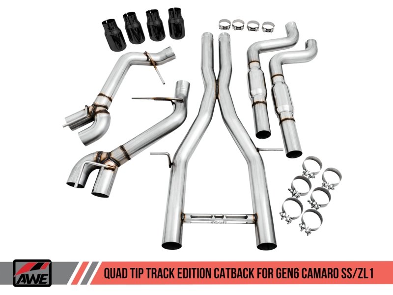 AWE Tuning 16-19 Chevy Camaro SS Resonated Cat-Back Exhaust -Track Edition (Quad Diamond Black Tips) - Crew Original