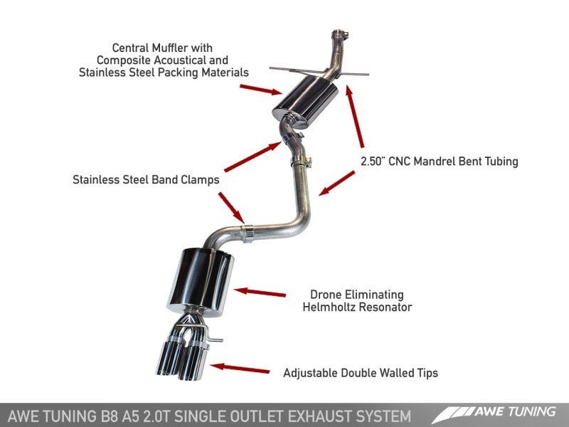 AWE Tuning Audi B8 A5 2.0T Touring Edition Single Outlet Exhaust - Diamond Black Tips - Crew Original