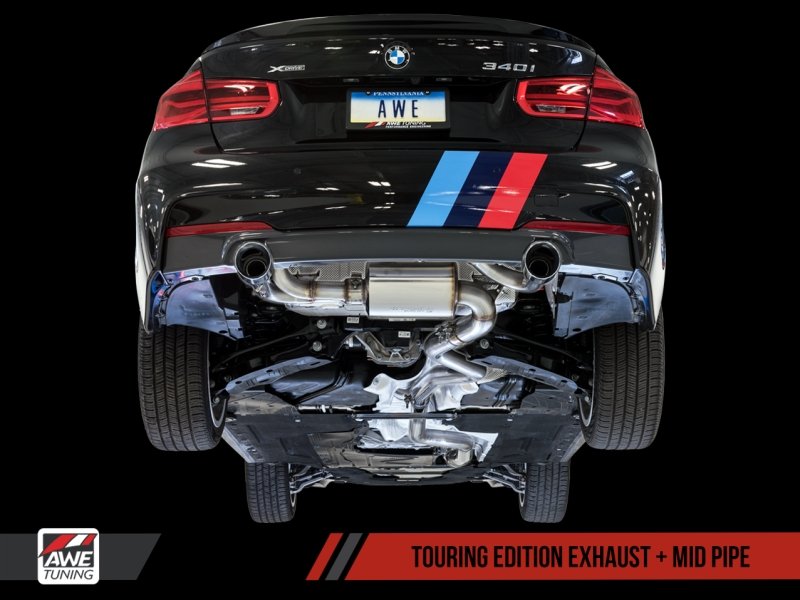 AWE Tuning BMW F3X 340i Touring Edition Axle-Back Exhaust - Chrome Silver Tips (102mm) - Crew Original