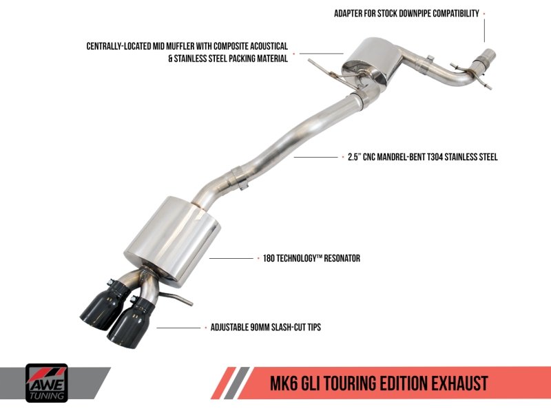 AWE Tuning Mk6 GLI 2.0T - Mk6 Jetta 1.8T Touring Edition Exhaust - Polished Silver Tips - Crew Original