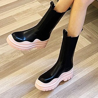 Dropshipping Custom Logo Mid Calf Chelsea Boots Women Shoes Chunky Fashion Pink Luxury Leather Boots for Ladies - Crew Original