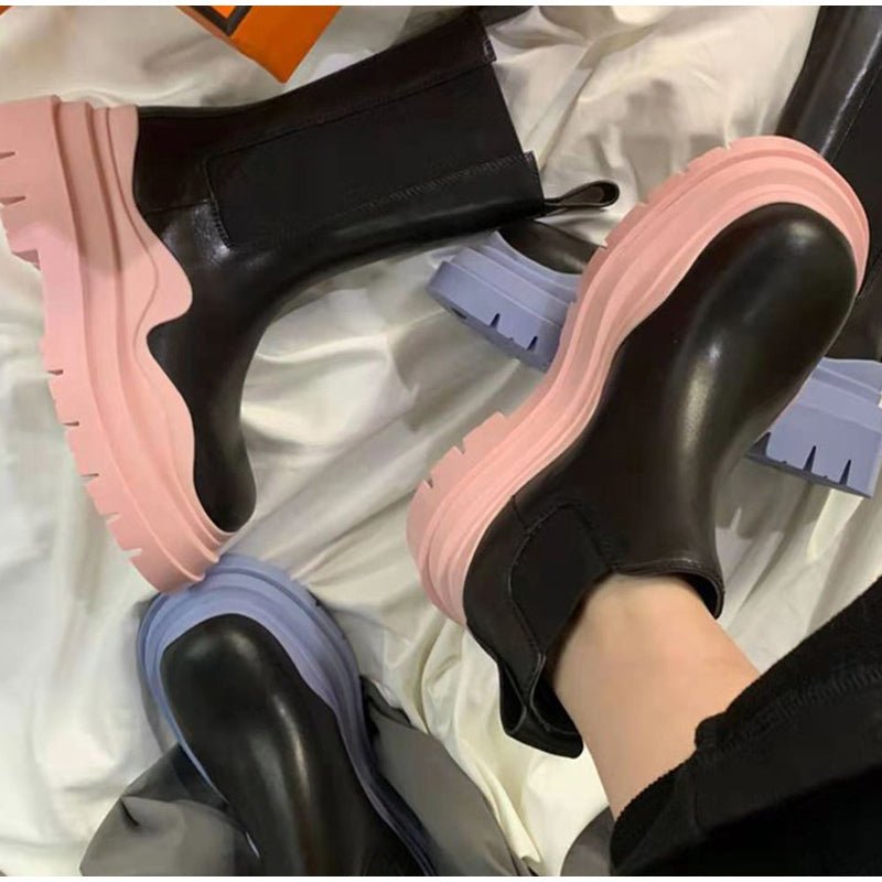 Dropshipping Custom Logo Mid Calf Chelsea Boots Women Shoes Chunky Fashion Pink Luxury Leather Boots for Ladies - Crew Original
