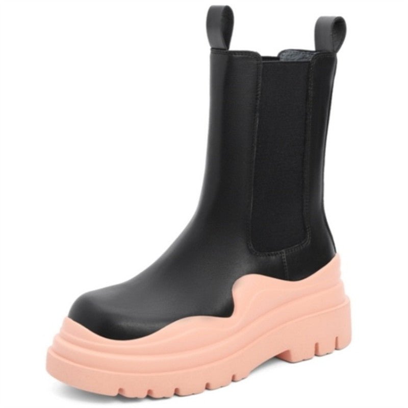 Dropshipping Custom Logo Mid Calf Chelsea Boots Women Shoes Chunky Fashion Pink Luxury Leather Boots for Ladies - Crew Original
