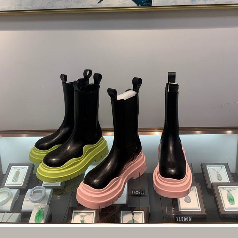 Dropshipping Custom Logo Mid Calf Chelsea Boots Women Shoes Chunky Fashion Pink Luxury Leather Boots for Ladies - Crew Original