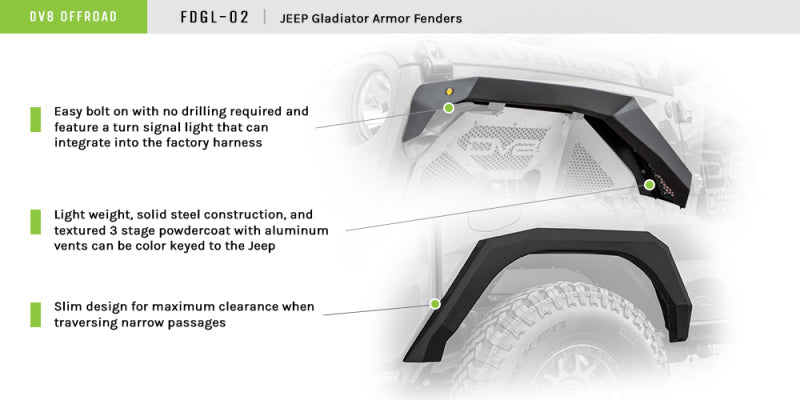 DV8 Offroad 2019+ Jeep Gladiator Armor Fenders - Crew Original