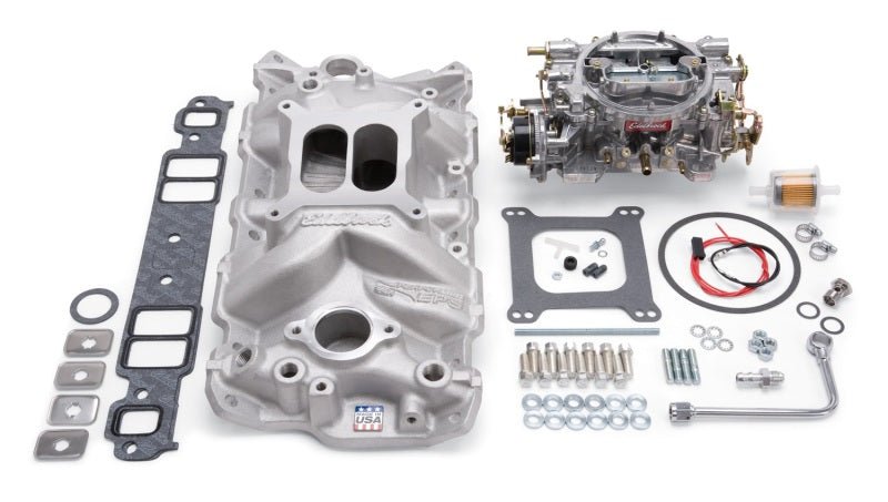Edelbrock Manifold And Carb Kit Performer Eps Small Block Chevrolet 1957-1986 Natural Finish - Crew Original