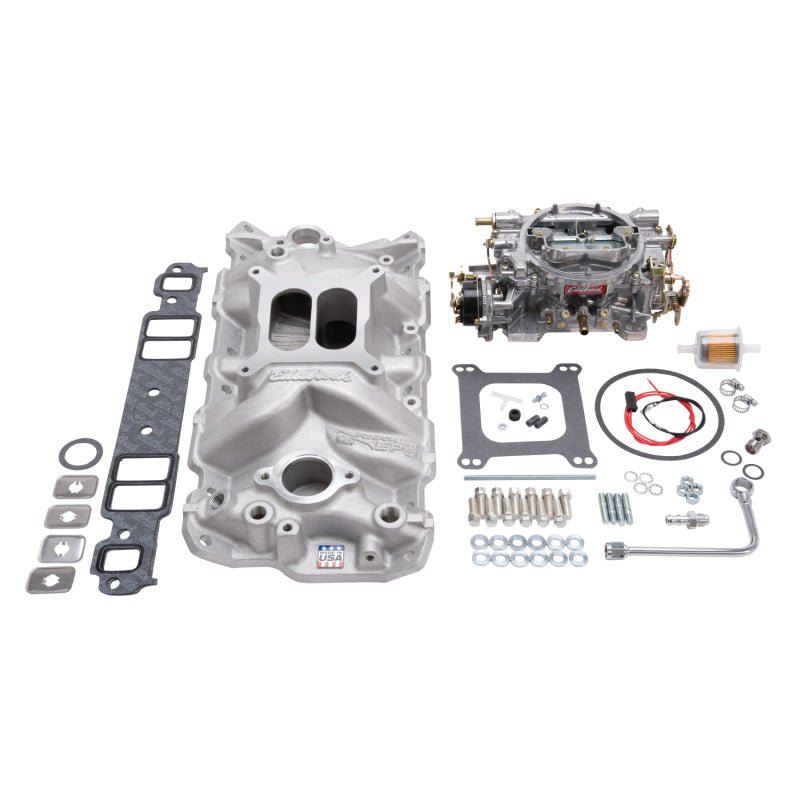 Edelbrock Manifold And Carb Kit Performer Eps Small Block Chevrolet 1957-1986 Natural Finish - Crew Original