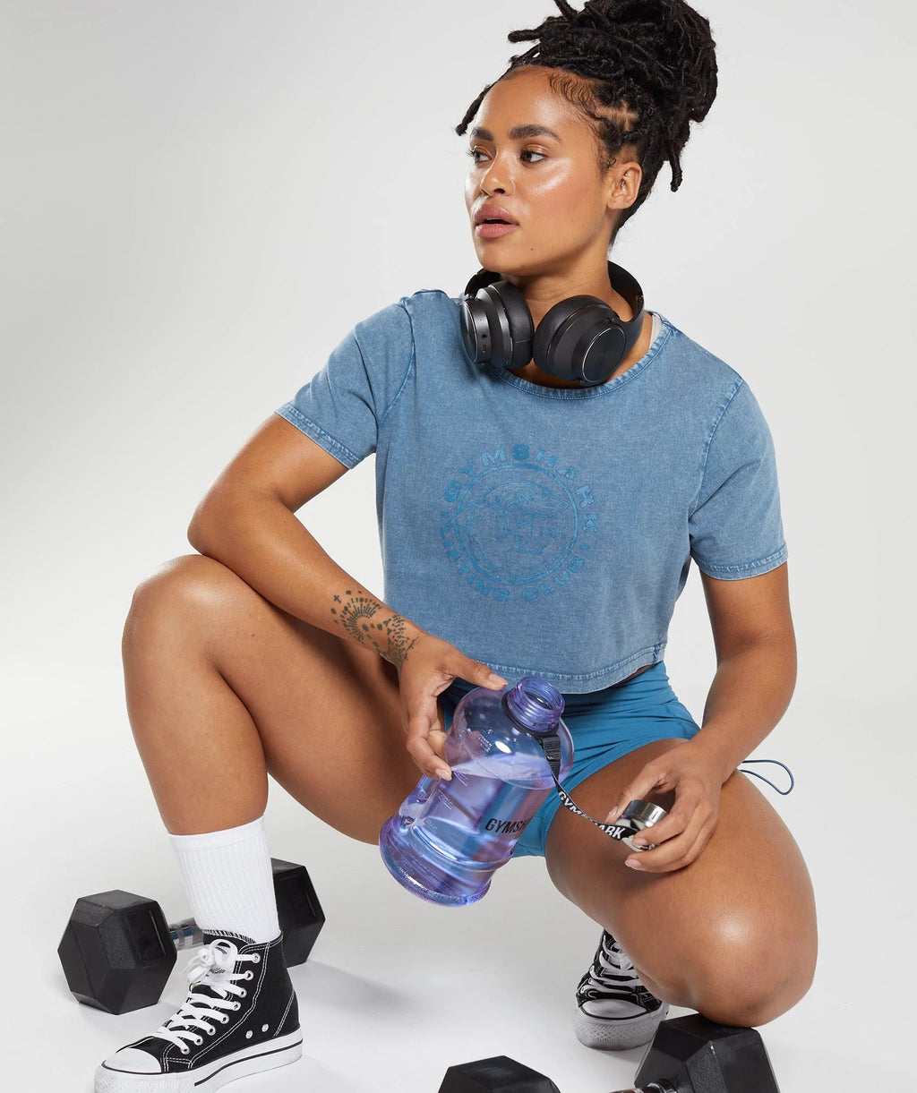 Gymshark Legacy Washed Crop Top - Lakeside Blue - Crew Original