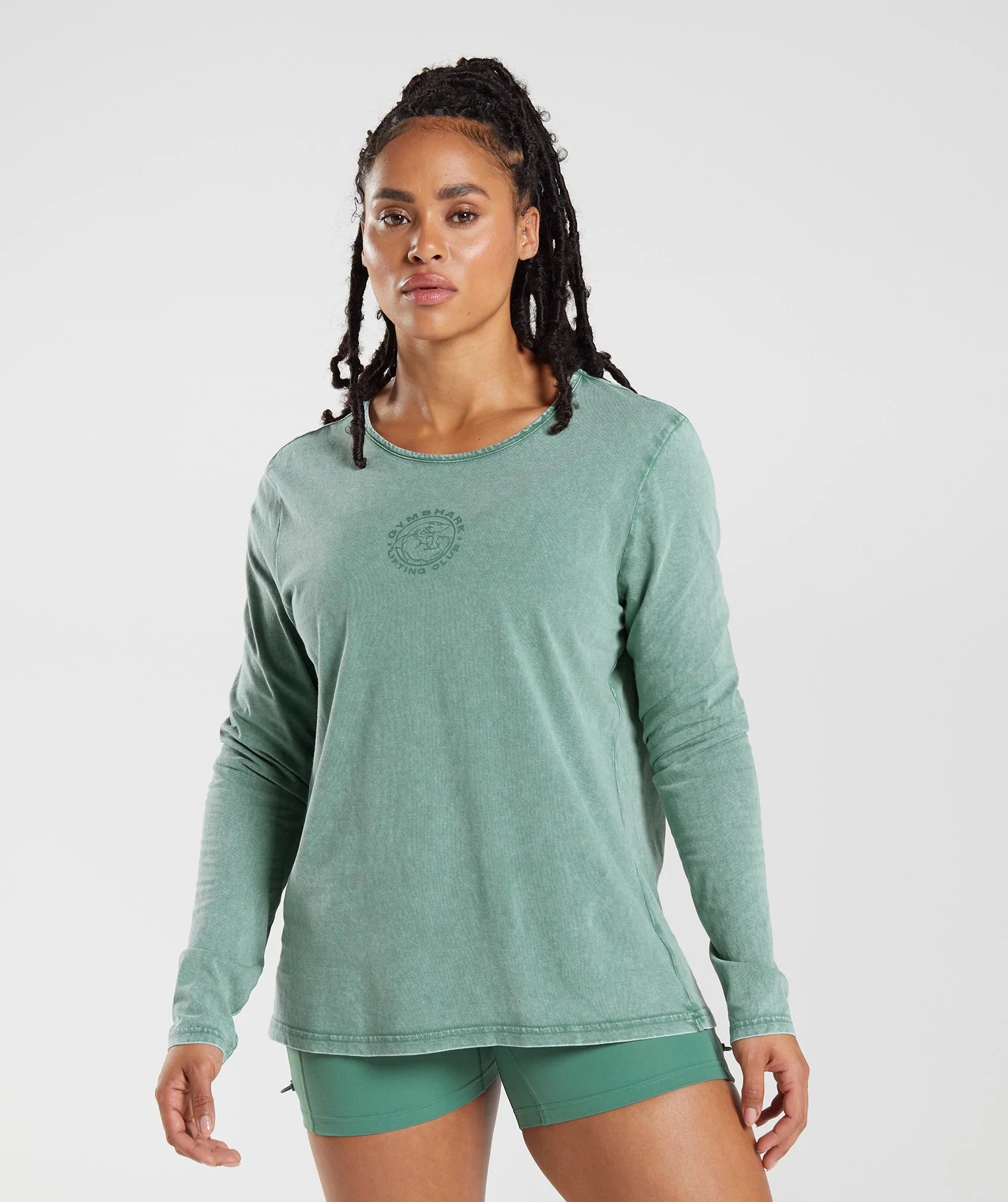Gymshark Legacy Washed Long Sleeve Top - Hoya Green - Crew Original