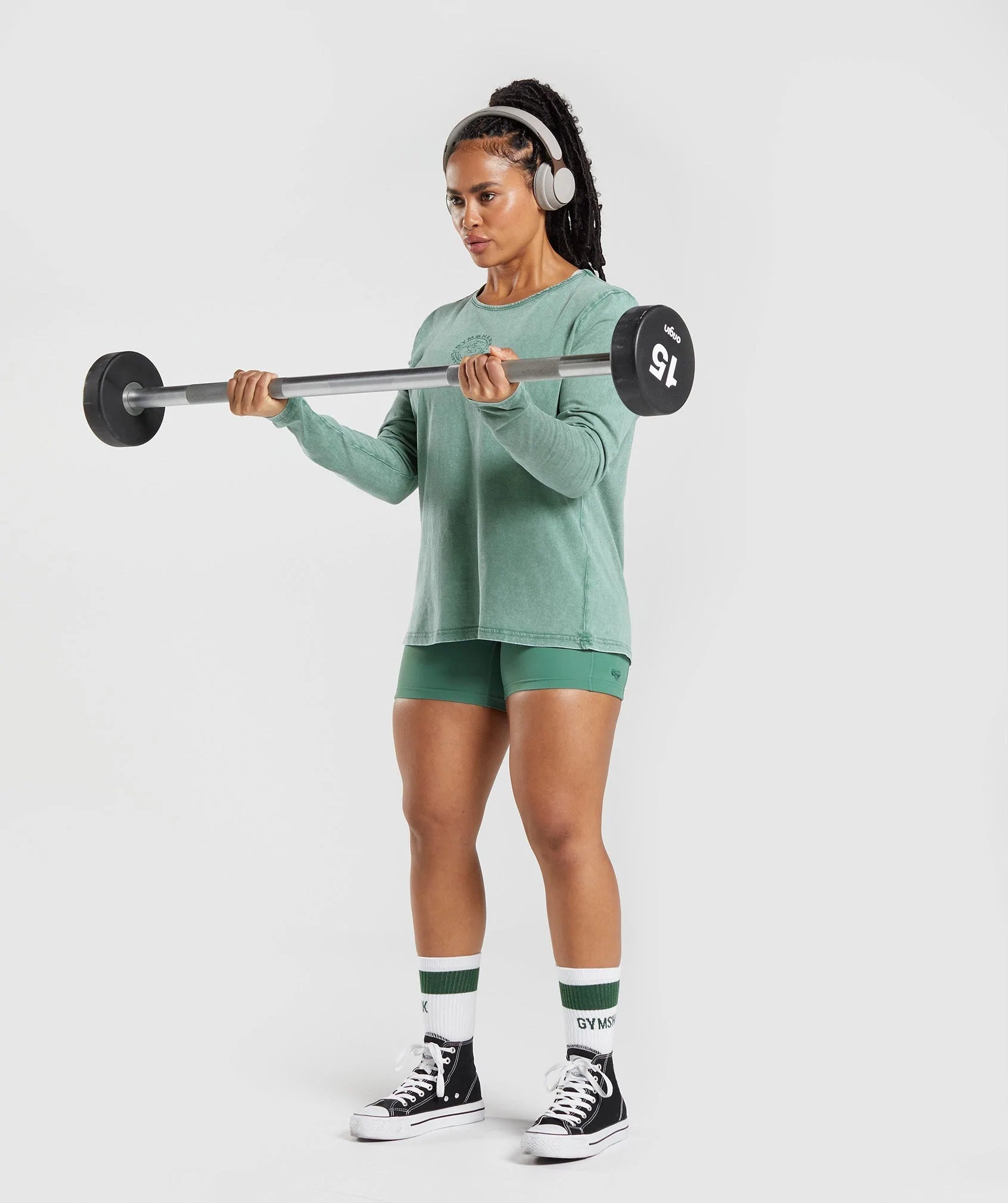 Gymshark Legacy Washed Long Sleeve Top - Hoya Green - Crew Original
